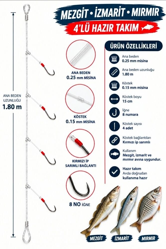 Mezgit, İzmarit ve Mırmır Avı İçin 4'lü Hazır Olta Takımı (1.80 m / 8 No İğne / 0.25 - 0.15 mm Misina)