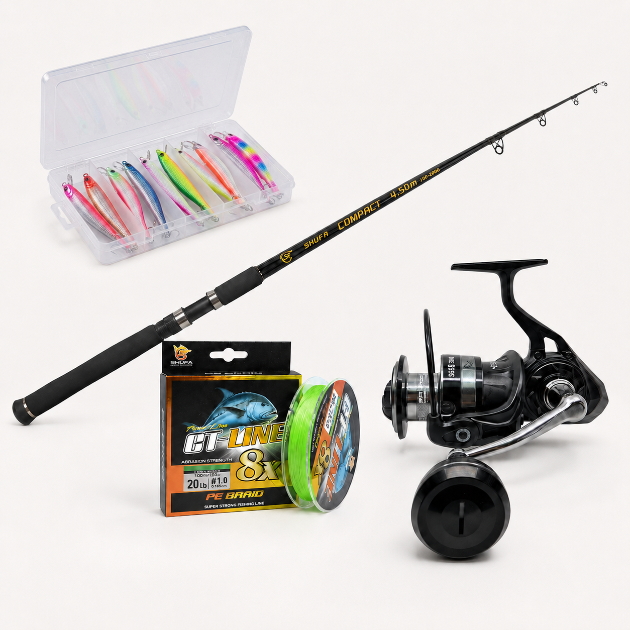 Shufa&SavageGear Palamut Seti - Savage Gear SGS8 8000, Shufa Compact 450cm 100-200gr, Gt Line 8x 0.15mm İp, 10 Adet Pırasa ve Kutusu