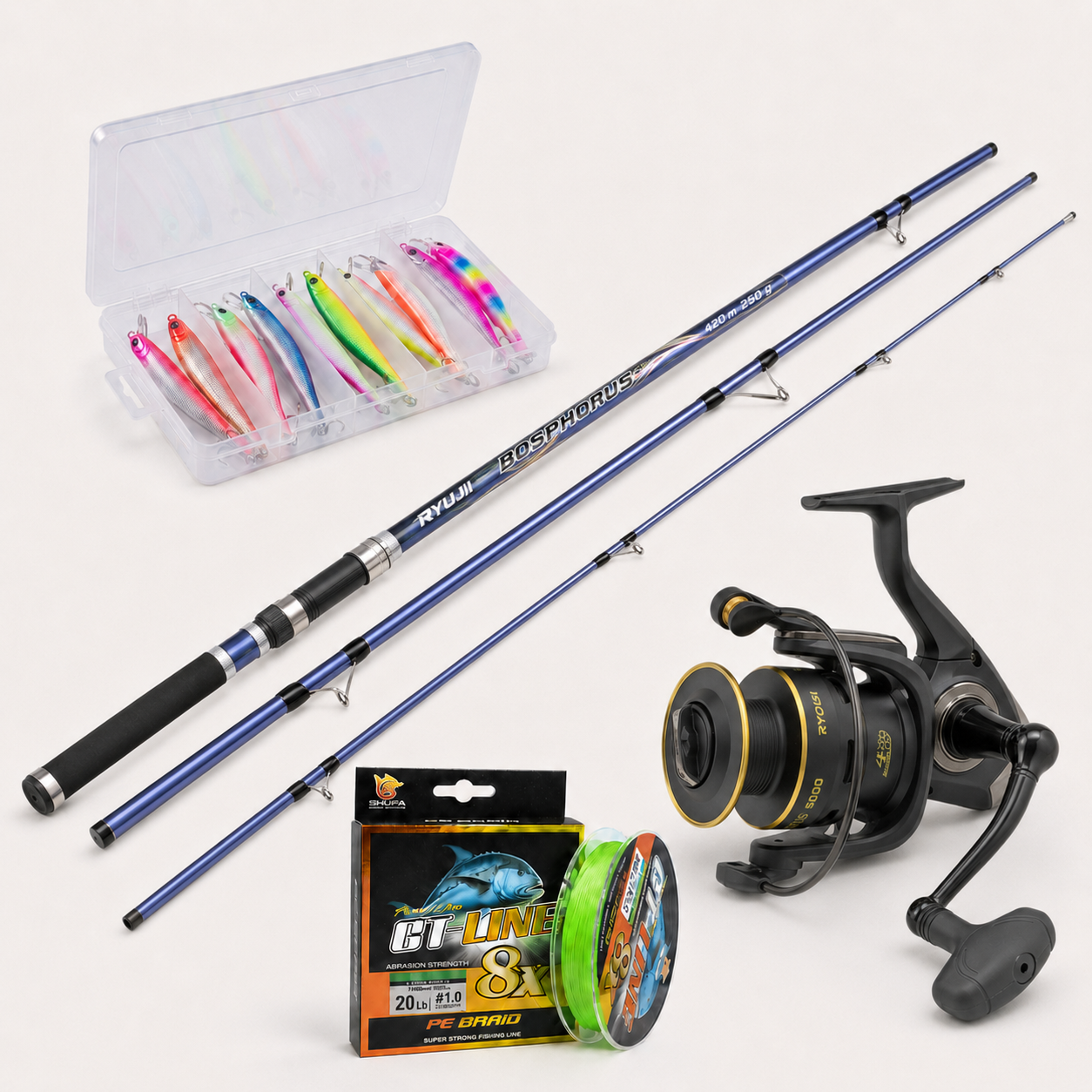Ryobi&Ryuji  Palamut Seti - Ryobi Virtus 8000, Ryuji Bosphorus 420cm 250gr, Gt Line 8x 0.15mm İp, 10 Adet Pırasa ve Kutusu