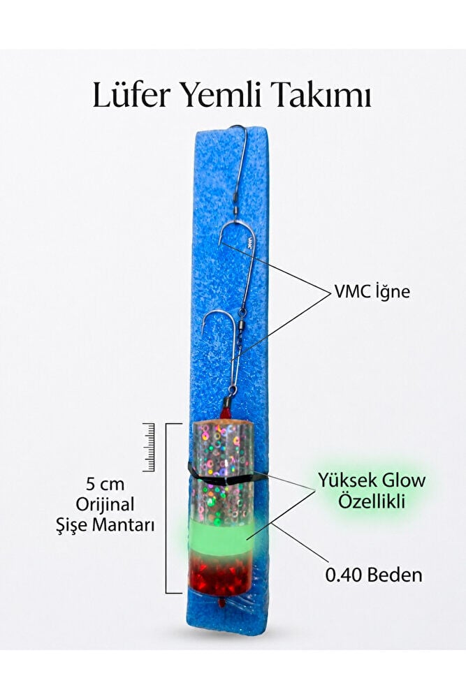 Lüfer Yemli Takımı 3'lü – 5 cm Şişe Mantarlı, VMC İğneli, 0.40 Beden